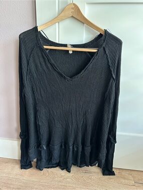 We The Free Black Waffle Knit V-Neck Long Sleeve Top